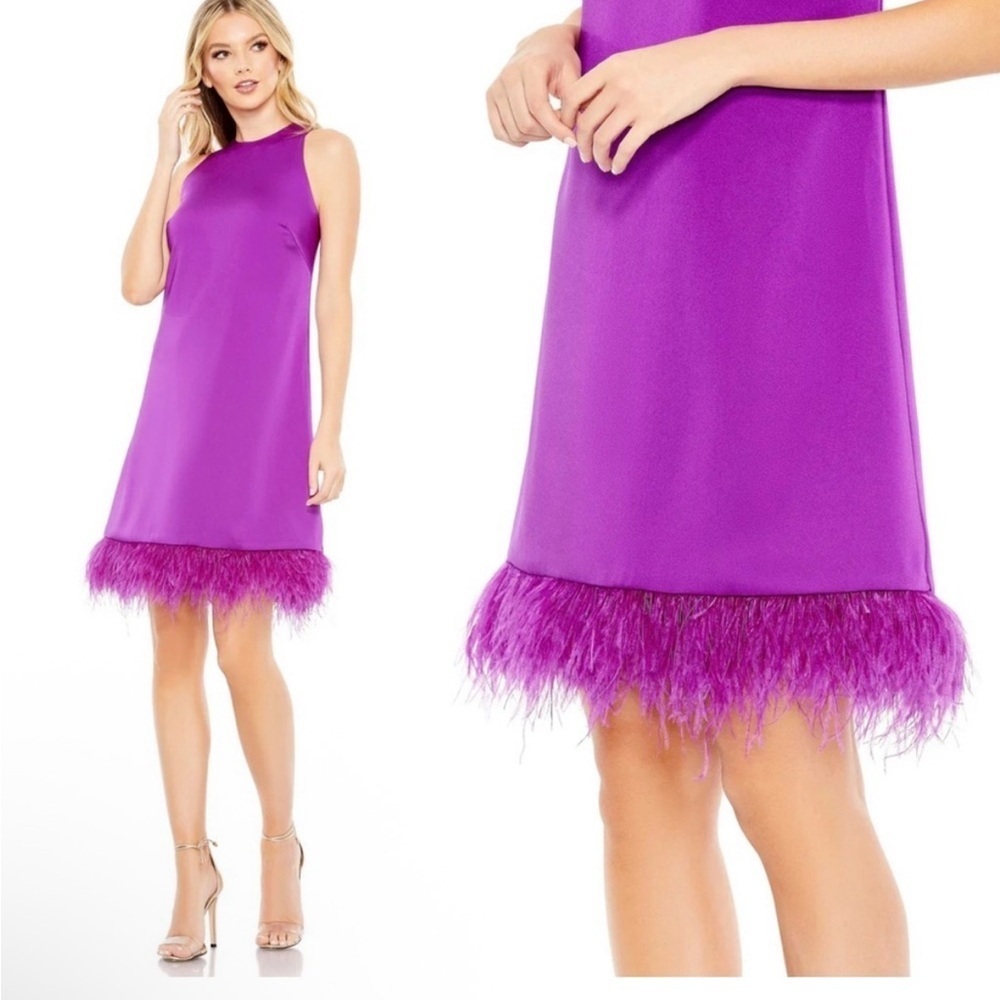 Mac Duggal 55805 Feathered Hem High Neck Sleeveless A-Line Dress Size 10 NWT - Picture 2 of 11